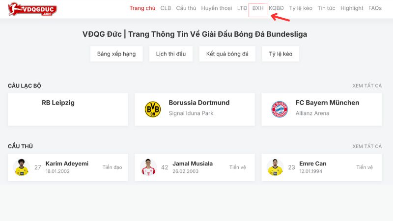 Hướng dẫn cách xem BXH trên website VĐQG Đức